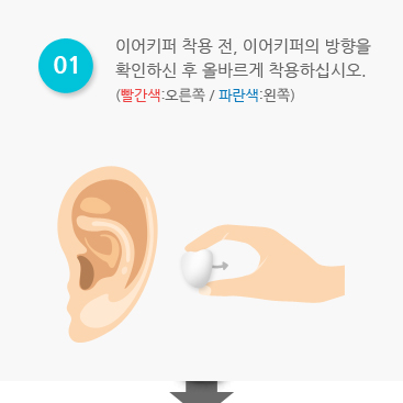 01 - 이어키퍼 착용전, 이어키퍼의 방향을 확인 하신 후 올바르게 착용하십시오. (빨간색:오른쪽 / 파란색:왼쪽)