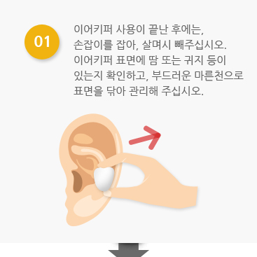 01 - 이어키퍼 사용이 끝난 후에는, 손잡이를 잡아, 살며시 빼주십시오.이어키퍼 표면에 땀 또는 귀지 등이 있는지 확인하고, 부드러운 마른천으로 표면을 닦아 관리해 주십시오.